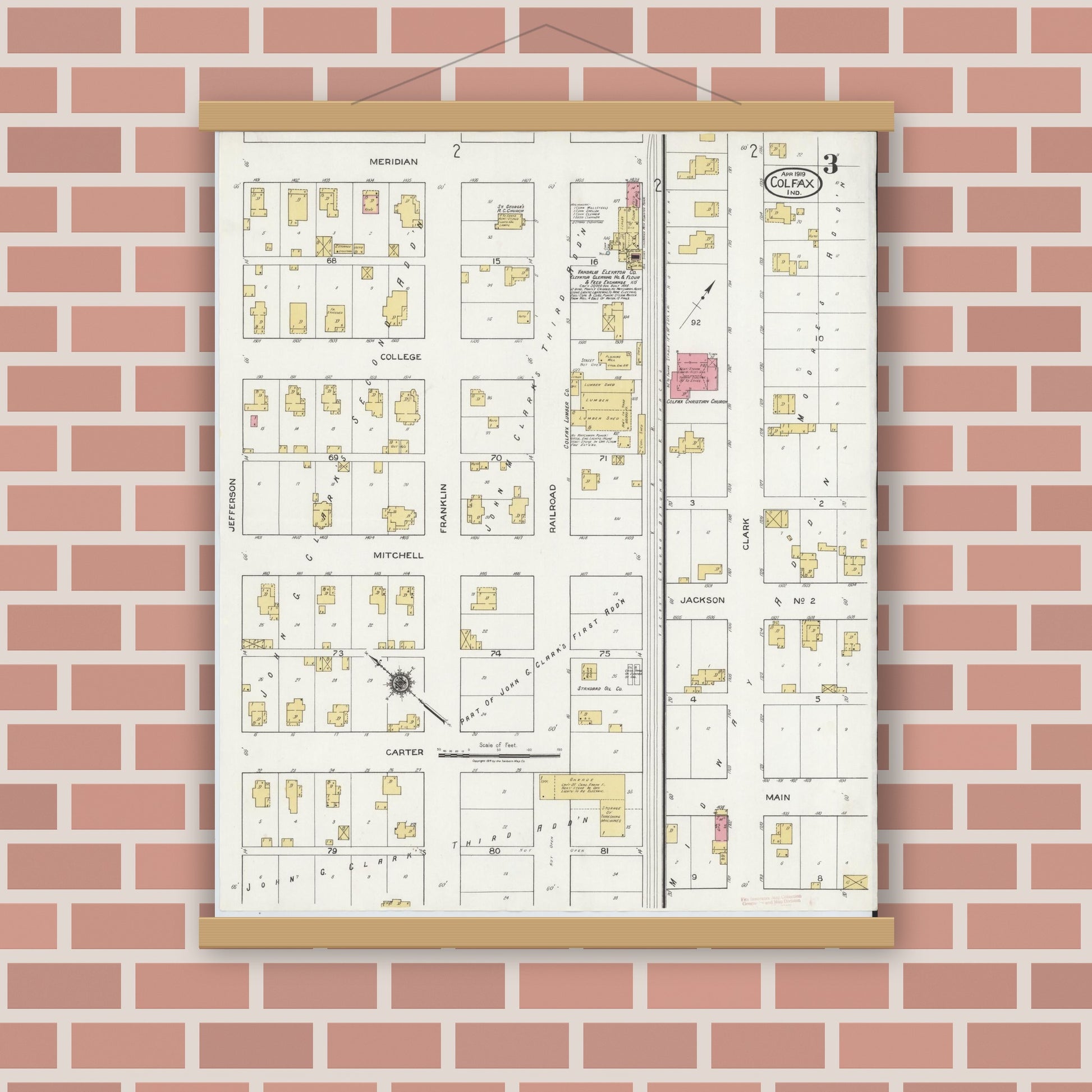 Old map wall art mockup — magnetic wood frame on brick wall — Sanborn Fire Insurance Map from Colfax, Clinton County, Indiana (1919), Sheet #0003