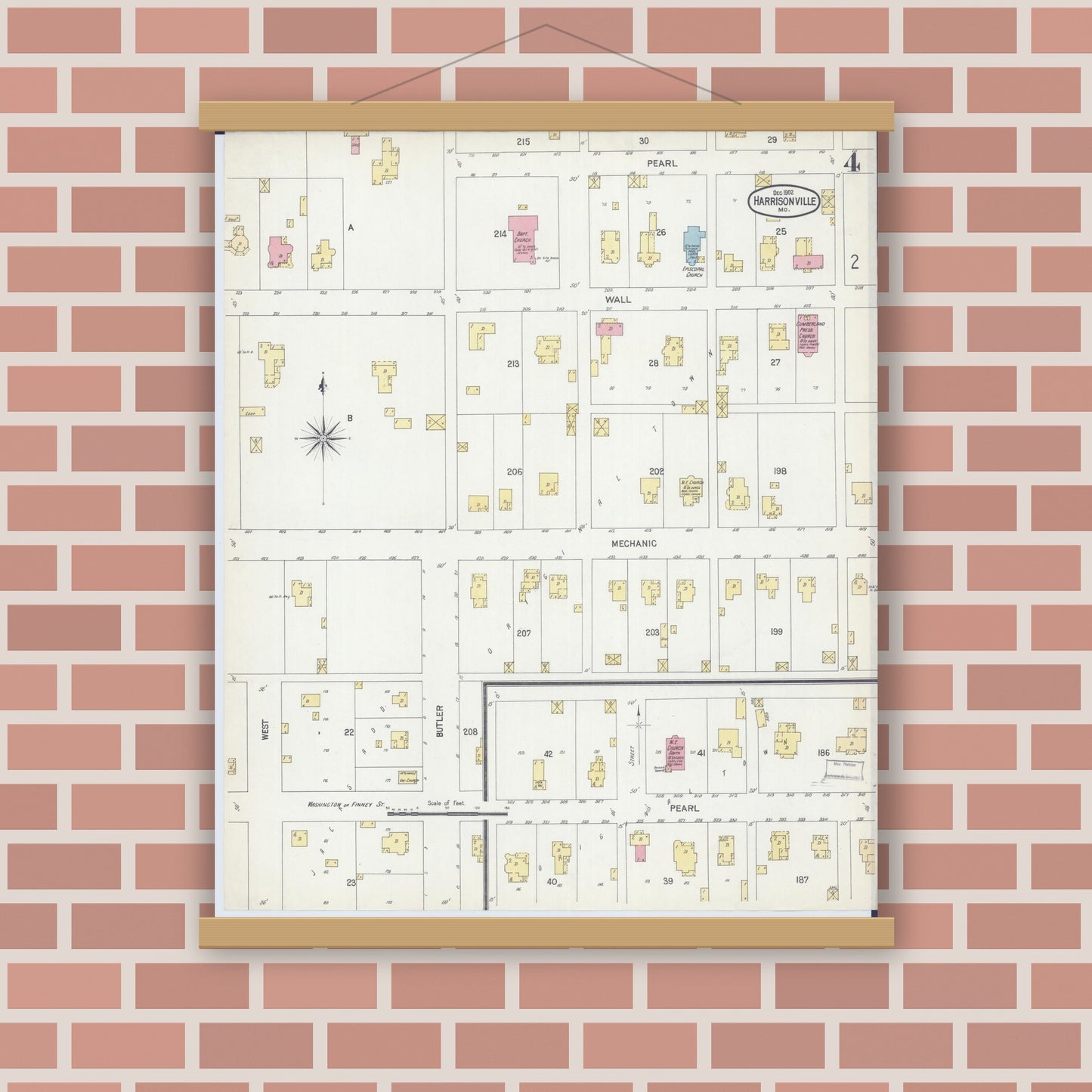 Old map wall art mockup — magnetic wood frame on brick wall — Sanborn Fire Insurance Map from Harrisonville, Cass County, Missouri (1902), Sheet #0004