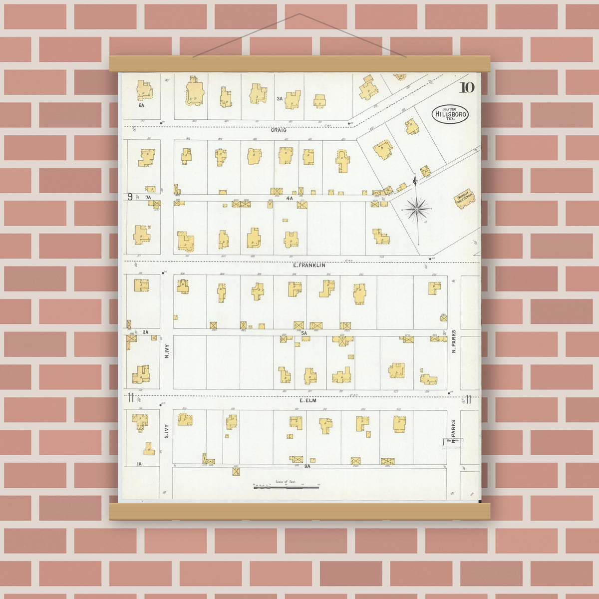 Old map wall art mockup — magnetic wood frame on brick wall — Sanborn Fire Insurance Map from Hillsboro, Hill County, Texas (1900), Sheet #0010
