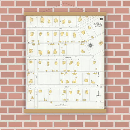 Old map wall art mockup — magnetic wood frame on brick wall — Sanborn Fire Insurance Map from Hillsboro, Hill County, Texas (1900), Sheet #0010
