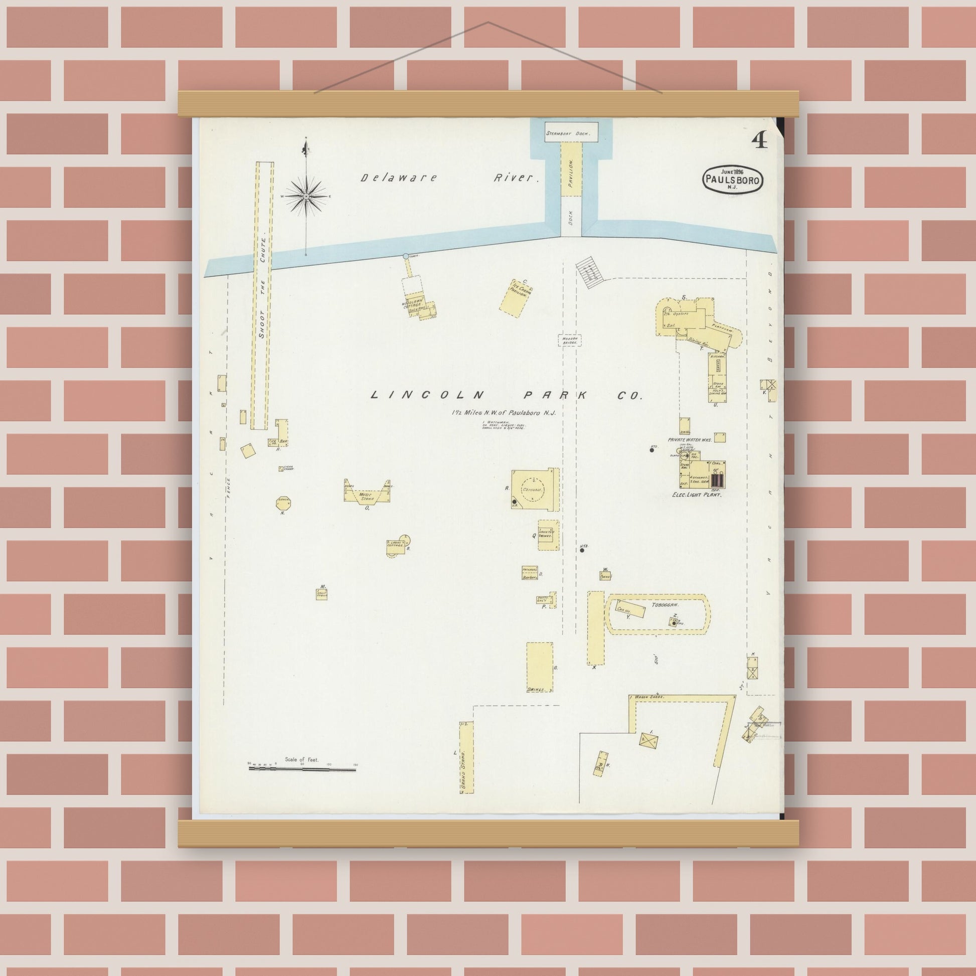 Old map wall art mockup — magnetic wood frame on brick wall — Sanborn Fire Insurance Map from Paulsboro, Gloucester County, New Jersey (1896), Sheet #0004