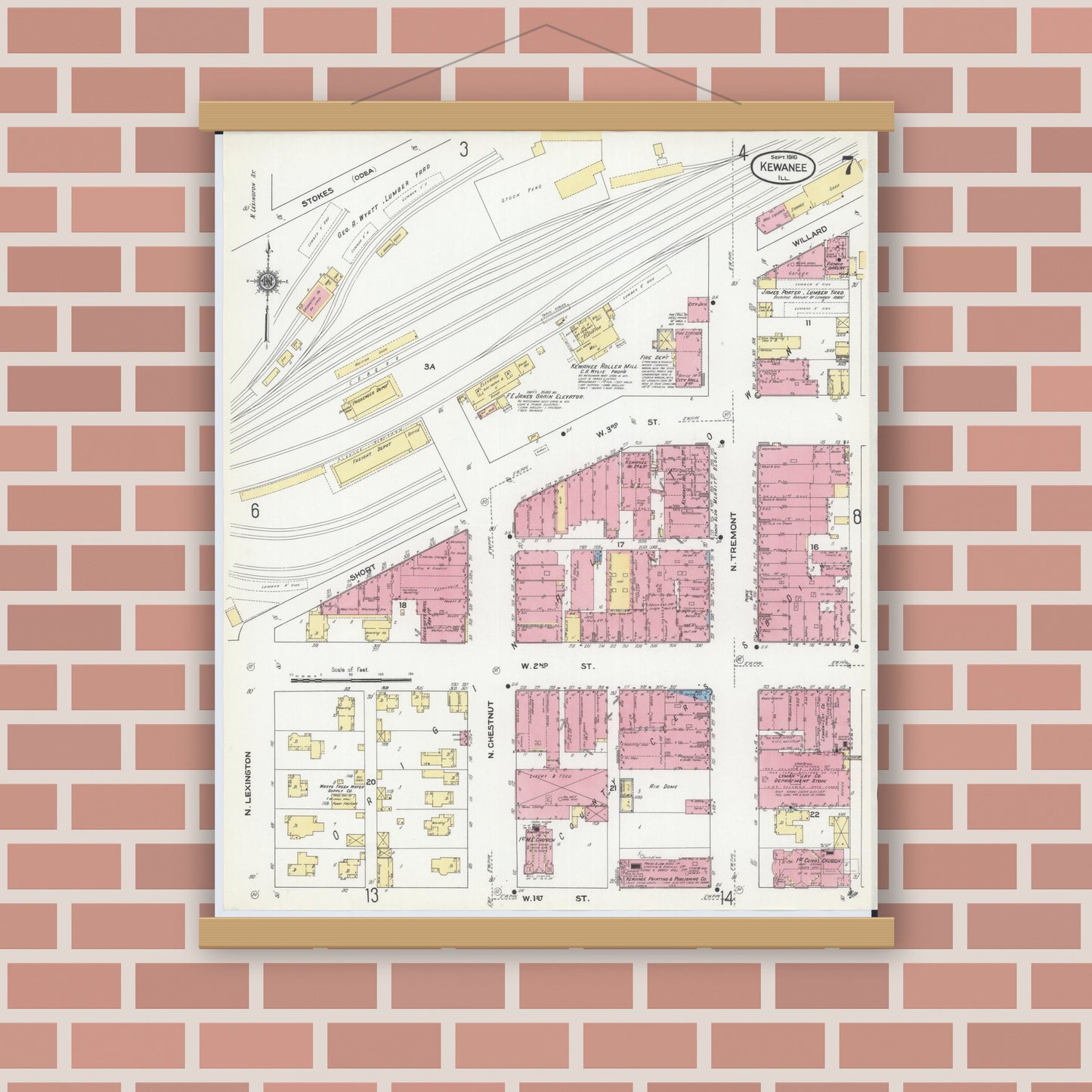 Old map wall art mockup — magnetic wood frame on brick wall — Sanborn Fire Insurance Map from Kewanee, Henry County, Illinois (1910), Sheet #0007