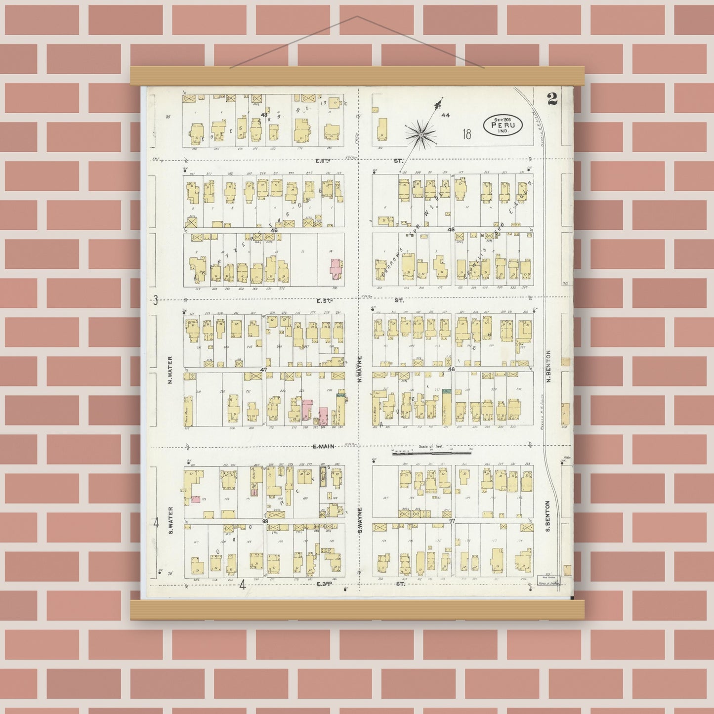 Old map wall art mockup — magnetic wood frame on brick wall — Sanborn Fire Insurance Map from Peru, Miami County, Indiana (1906), Sheet #0002