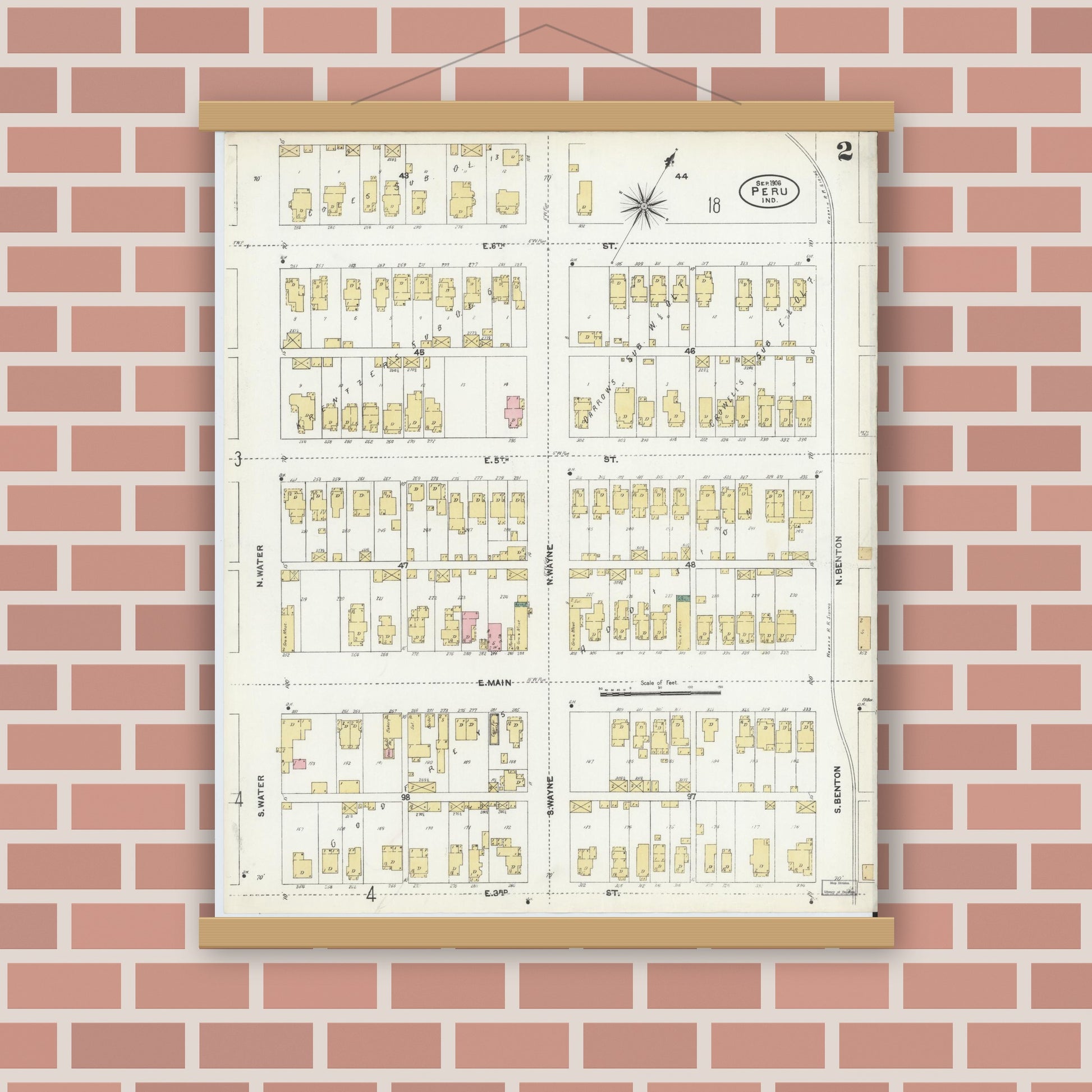 Old map wall art mockup — magnetic wood frame on brick wall — Sanborn Fire Insurance Map from Peru, Miami County, Indiana (1906), Sheet #0002