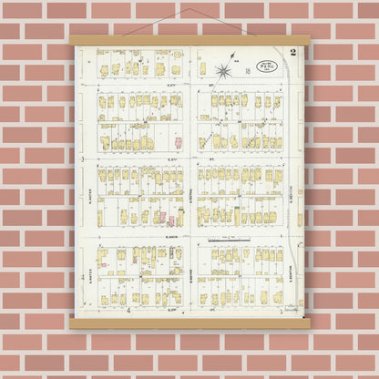 Old map wall art mockup — magnetic wood frame on brick wall — Sanborn Fire Insurance Map from Peru, Miami County, Indiana (1906), Sheet #0002