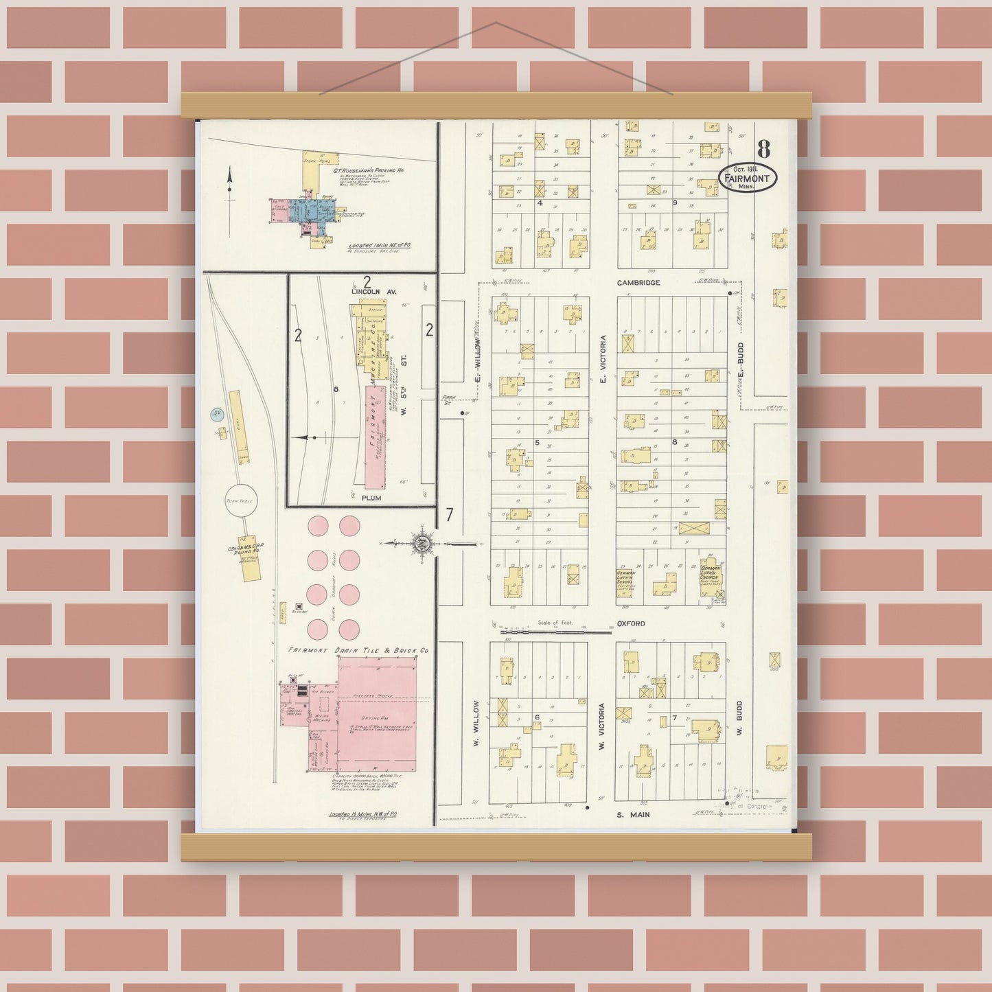 Old map wall art mockup — magnetic wood frame on brick wall — Sanborn Fire Insurance Map from Fairmont, Martin County, Minnesota (1911), Sheet #0008