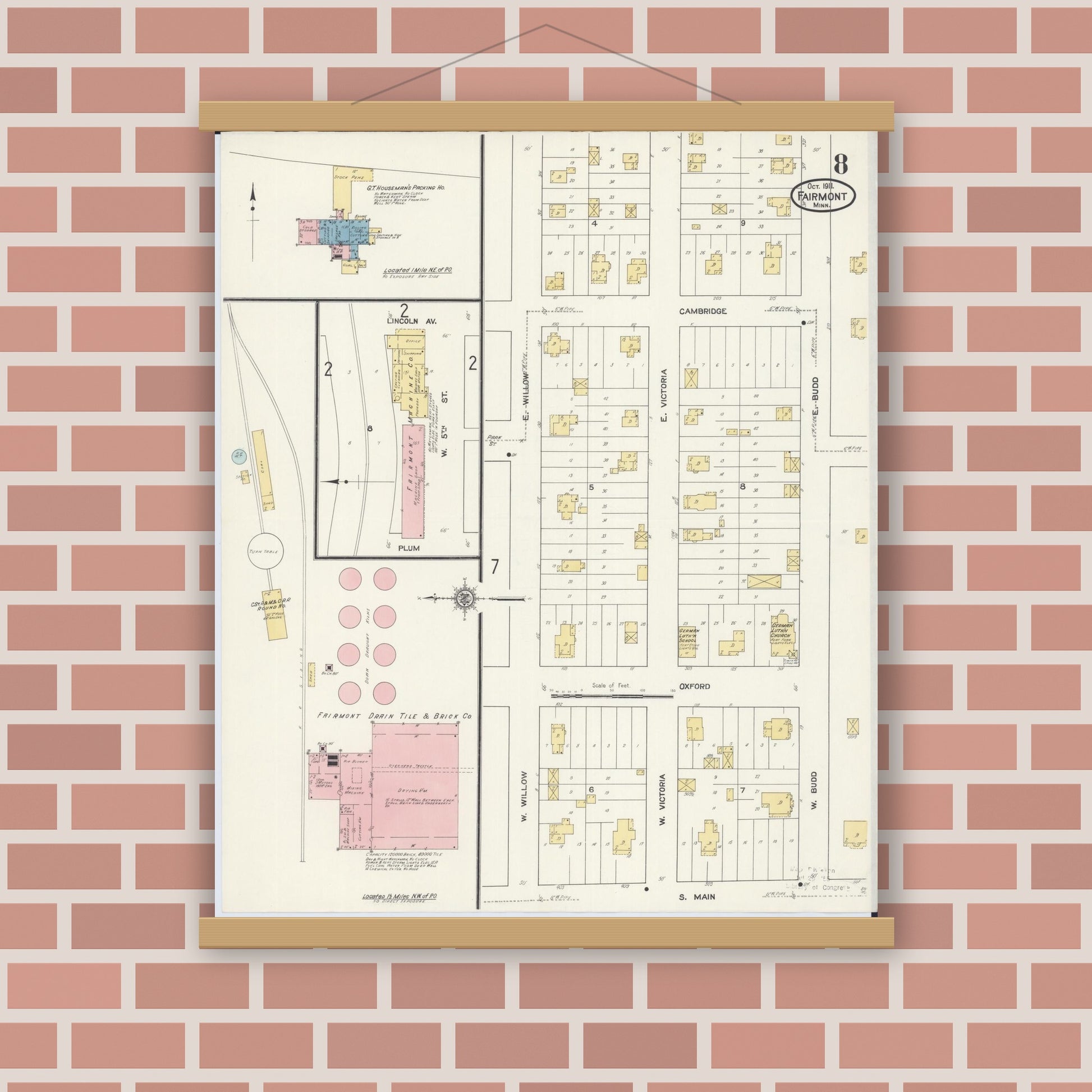 Old map wall art mockup — magnetic wood frame on brick wall — Sanborn Fire Insurance Map from Fairmont, Martin County, Minnesota (1911), Sheet #0008