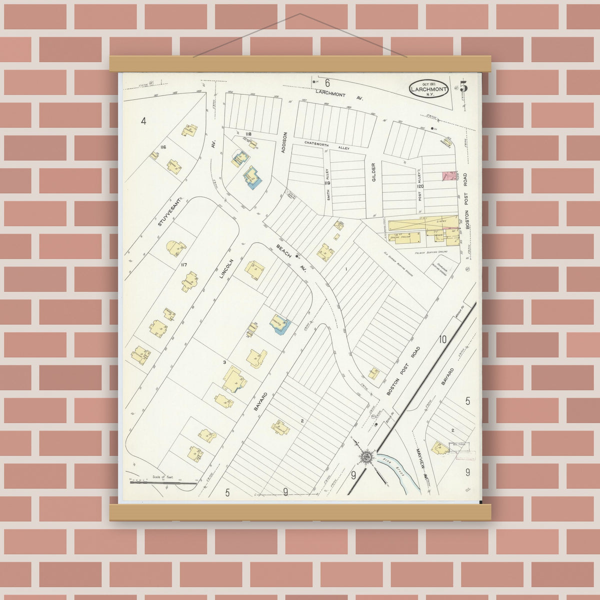 Old map wall art mockup — magnetic wood frame on brick wall — Sanborn Fire Insurance Map from Larchmont, Westchester County, New York (1911), Sheet #0005