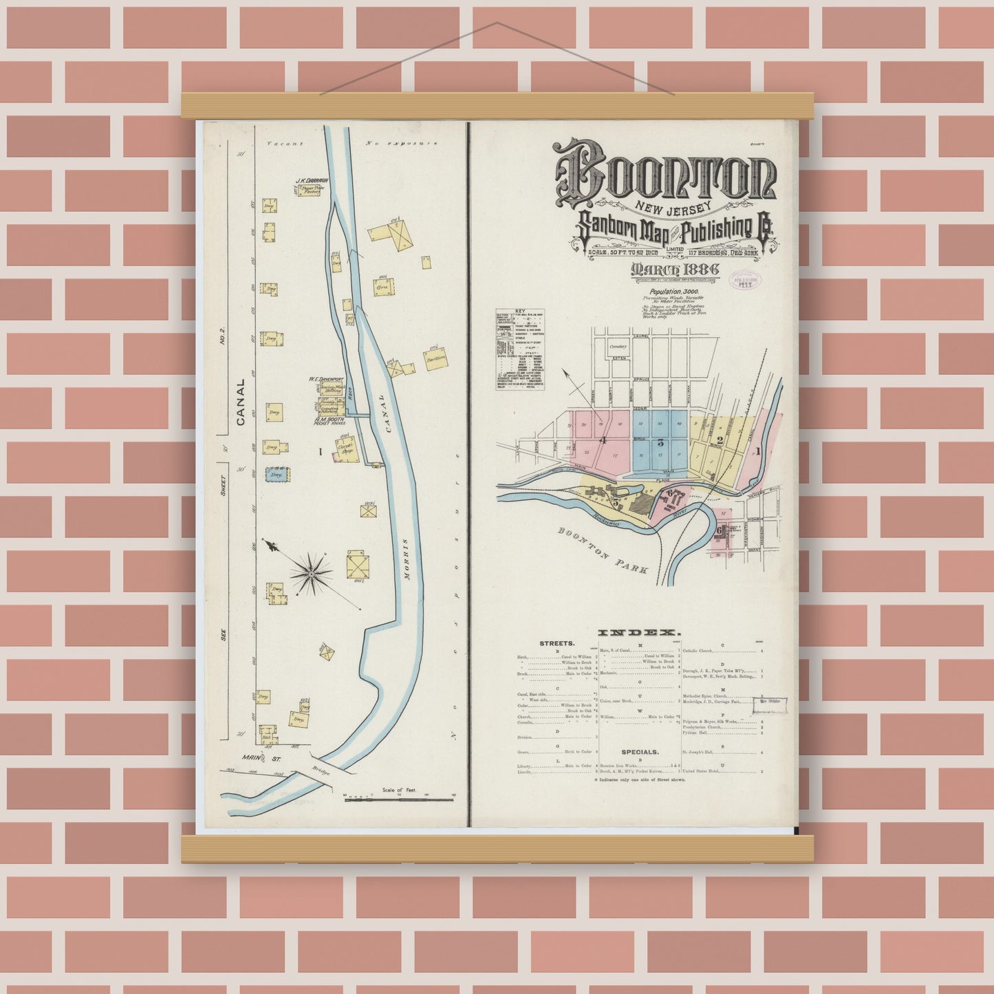 Old map wall art mockup — magnetic wood frame on brick wall — Sanborn Fire Insurance Map from Boonton, Morris County, New Jersey (1886) - Complete Map Set