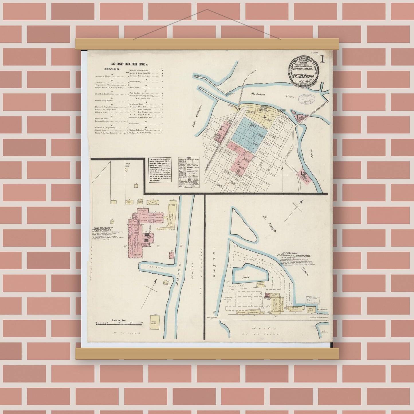 Old map wall art mockup — magnetic wood frame on brick wall — Sanborn Fire Insurance Map from Saint Joseph, Berrien County, Michigan (1884) - Complete Map Set