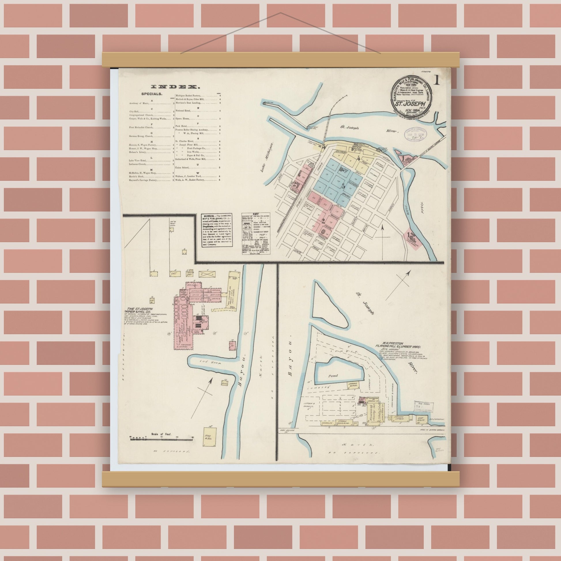 Old map wall art mockup — magnetic wood frame on brick wall — Sanborn Fire Insurance Map from Saint Joseph, Berrien County, Michigan (1884) - Complete Map Set