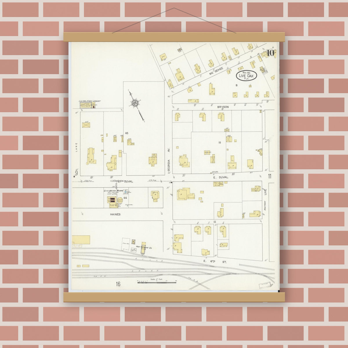 Old map wall art mockup — magnetic wood frame on brick wall — Sanborn Fire Insurance Map from Live Oak, Suwanee County, Florida (1912), Sheet #0010