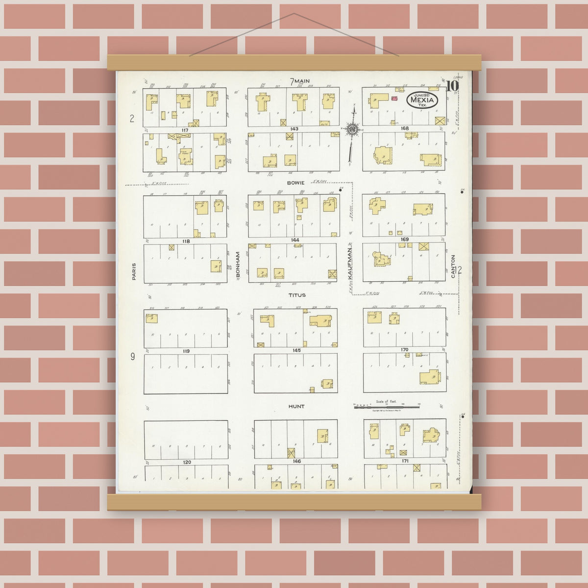 Old map wall art mockup — magnetic wood frame on brick wall — Sanborn Fire Insurance Map from Mexia, Limestone County, Texas (1921), Sheet #0010