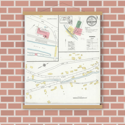 Old map wall art mockup — magnetic wood frame on brick wall — Sanborn Fire Insurance Map from Erving Center, Franklin County, Massachusetts (1915), Sheet #0001