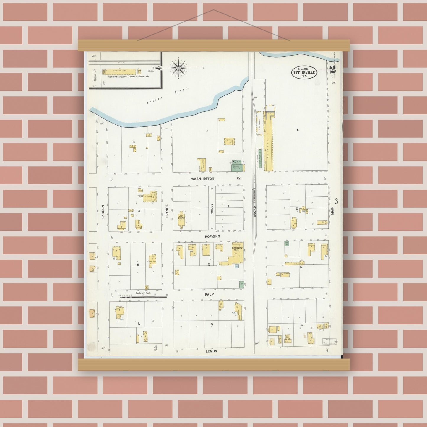 Old map wall art mockup — magnetic wood frame on brick wall — Sanborn Fire Insurance Map from Titusville, Brevard County, Florida (1903), Sheet #0002
