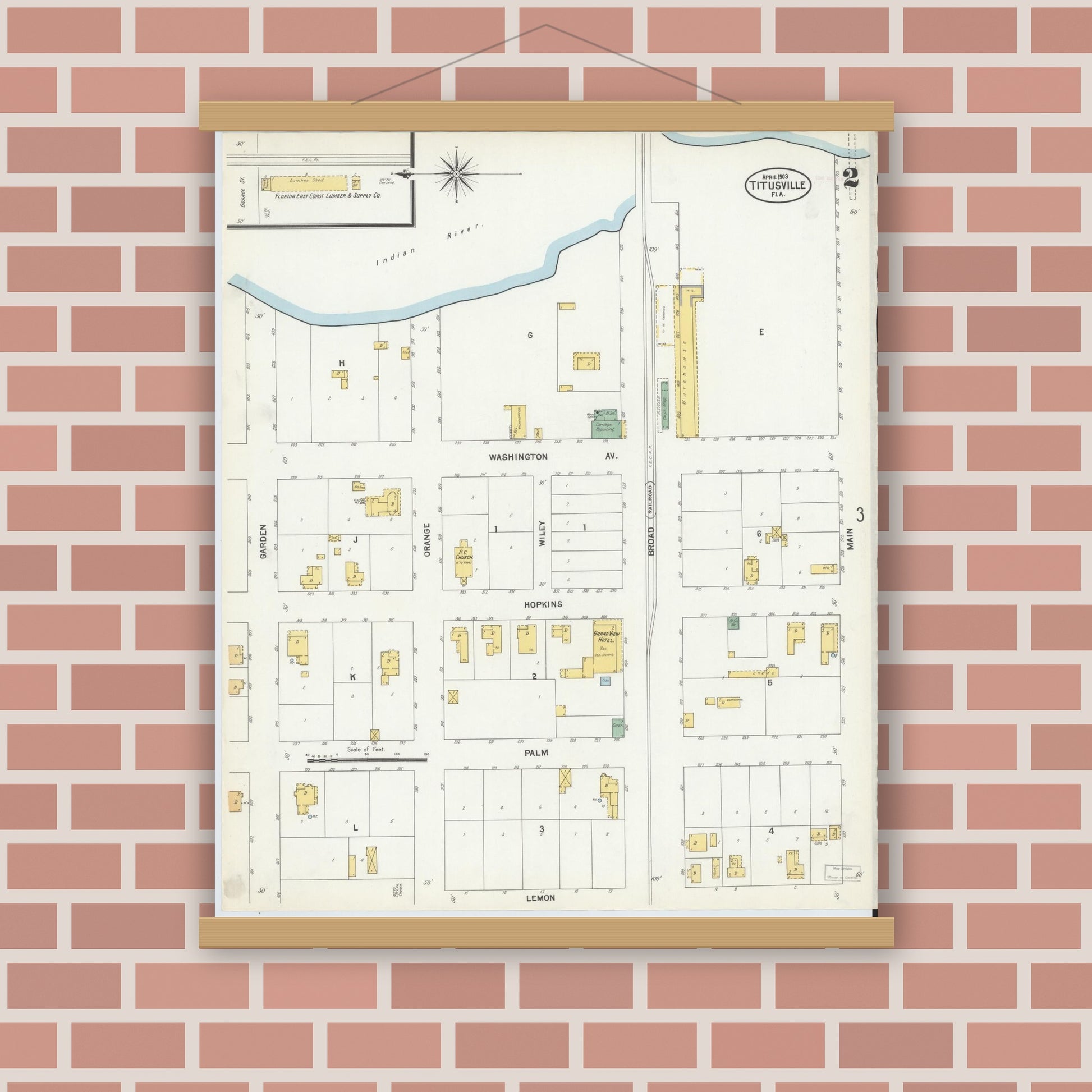 Old map wall art mockup — magnetic wood frame on brick wall — Sanborn Fire Insurance Map from Titusville, Brevard County, Florida (1903), Sheet #0002