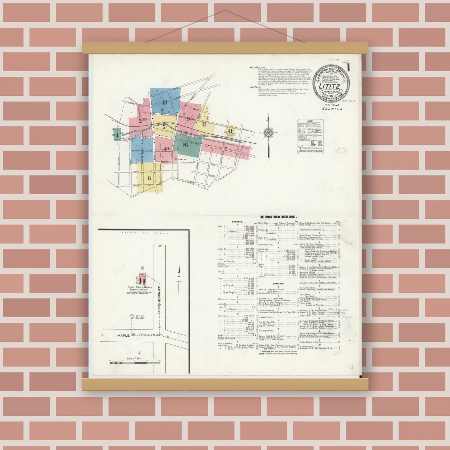 Old map wall art mockup — magnetic wood frame on brick wall — Sanborn Fire Insurance Map from Lititz, Lancaster County, Pennsylvania (1912) - Complete Map Set