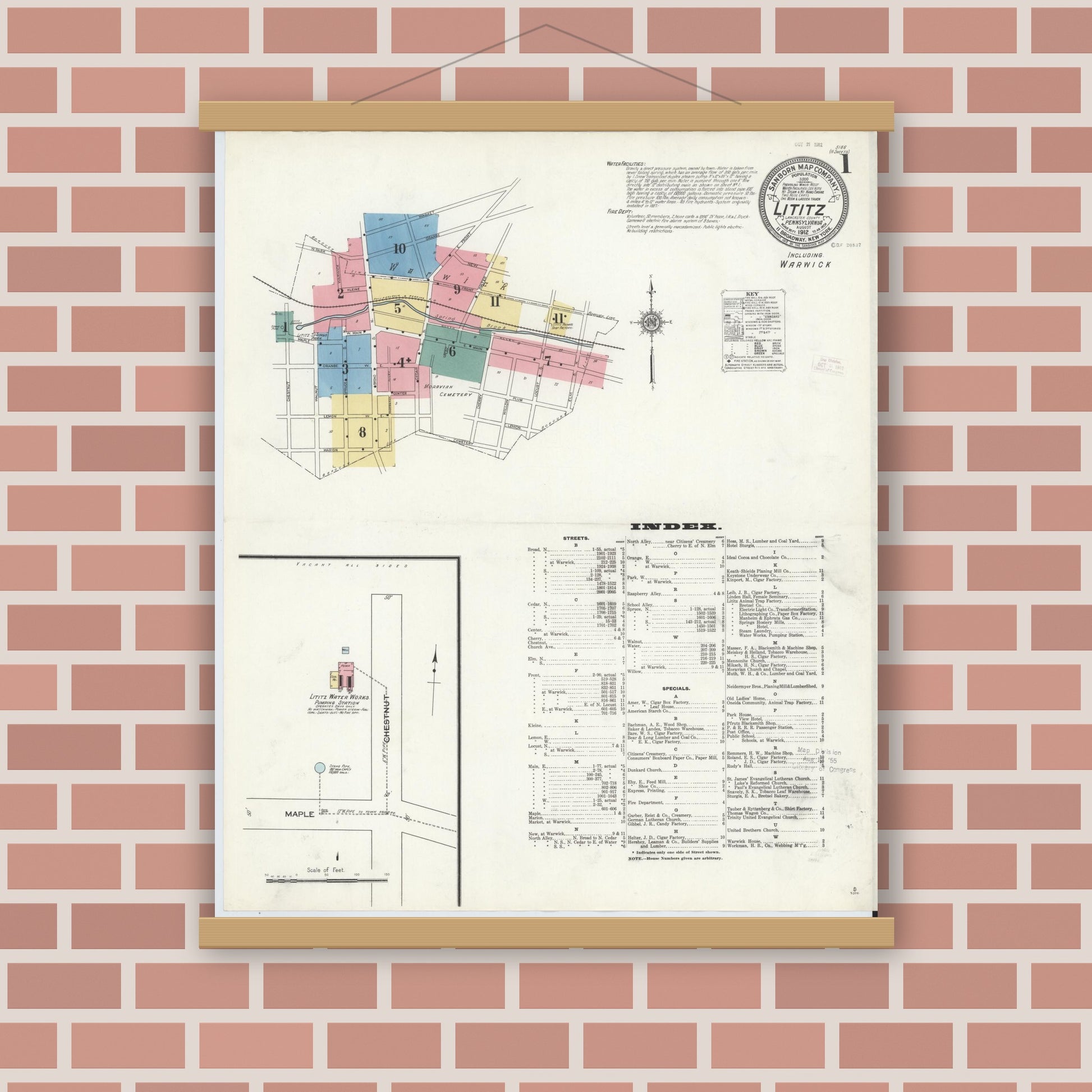 Old map wall art mockup — magnetic wood frame on brick wall — Sanborn Fire Insurance Map from Lititz, Lancaster County, Pennsylvania (1912) - Complete Map Set