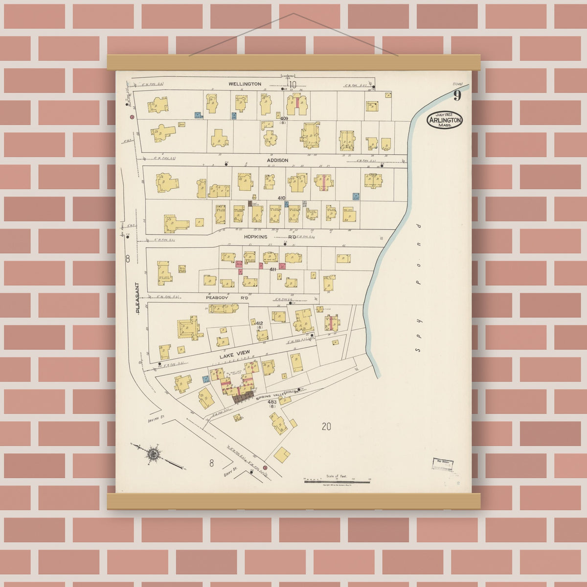 Old map wall art mockup — magnetic wood frame on brick wall — Sanborn Fire Insurance Map from Arlington, Middlesex County, Massachusetts (1922), Sheet #0009