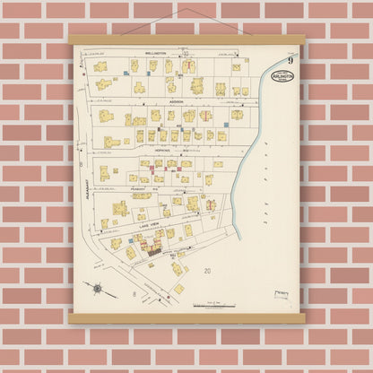 Old map wall art mockup — magnetic wood frame on brick wall — Sanborn Fire Insurance Map from Arlington, Middlesex County, Massachusetts (1922), Sheet #0009