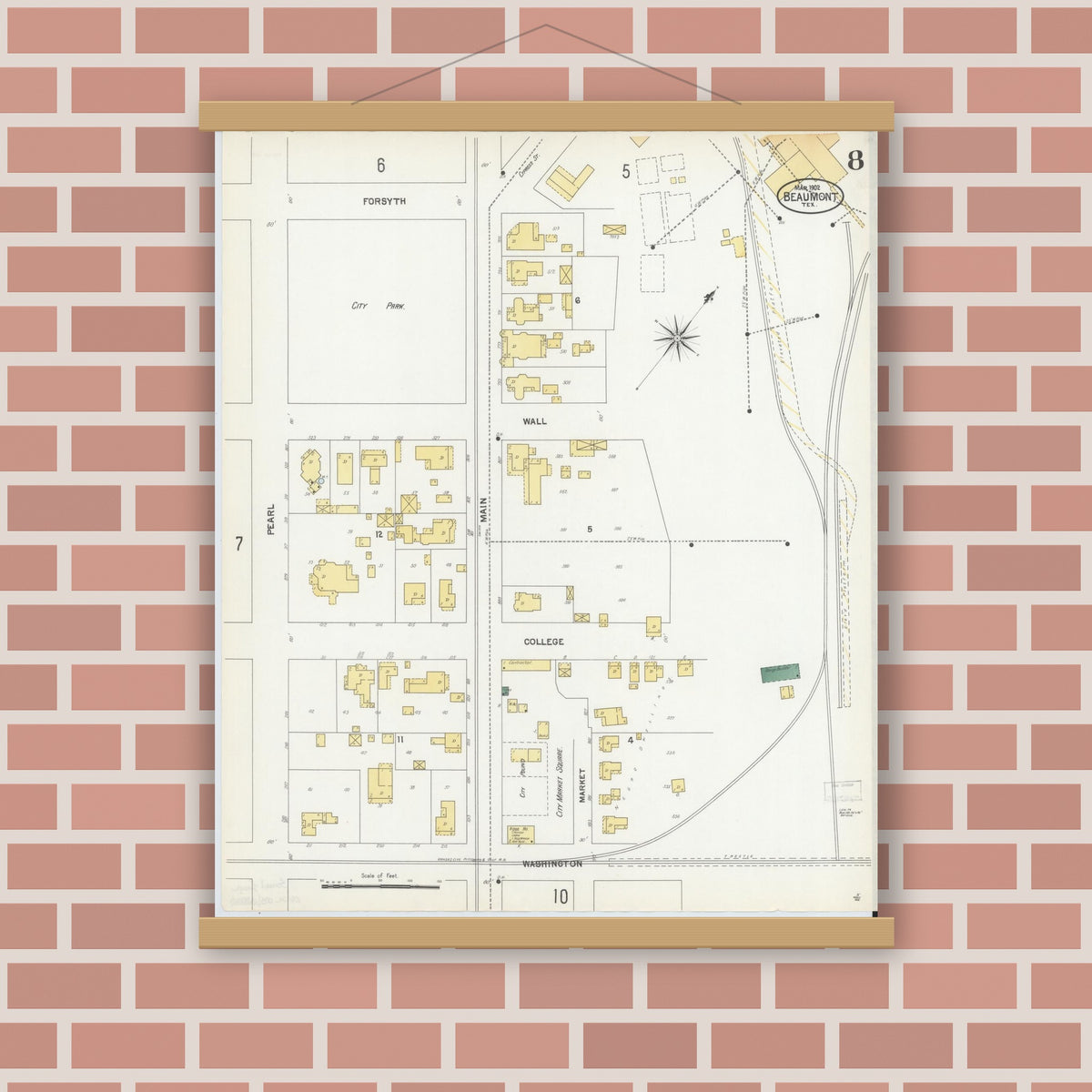 Old map wall art mockup — magnetic wood frame on brick wall — Sanborn Fire Insurance Map from Beaumont, Jefferson County, Texas (1902), Sheet #0008
