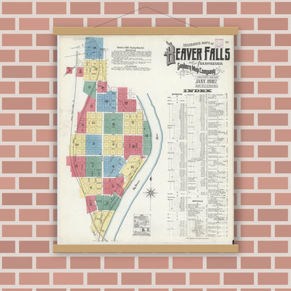 Old map wall art mockup — magnetic wood frame on brick wall — Sanborn Fire Insurance Map from Beaver Falls, Beaver County, Pennsylvania (1907), Sheet #0001