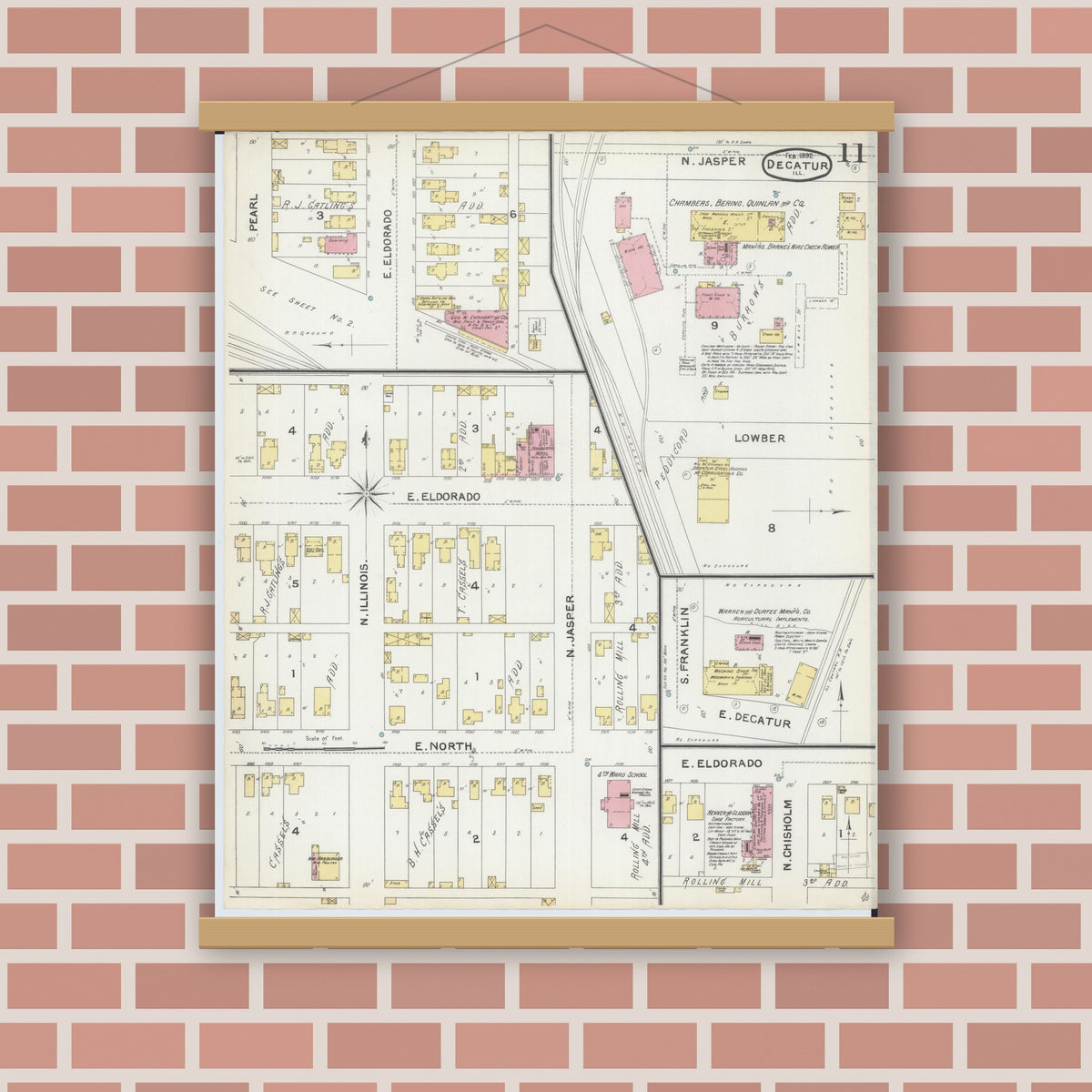 Old map wall art mockup — magnetic wood frame on brick wall — Sanborn Fire Insurance Map from Decatur, Macon County, Illinois (1892), Sheet #0011