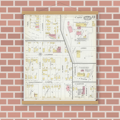 Old map wall art mockup — magnetic wood frame on brick wall — Sanborn Fire Insurance Map from Decatur, Macon County, Illinois (1892), Sheet #0011