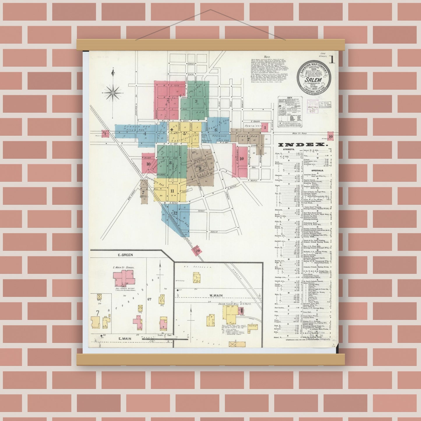 Old map wall art mockup — magnetic wood frame on brick wall — Sanborn Fire Insurance Map from Salem, Columbiana County, Ohio (1903), Sheet #0001