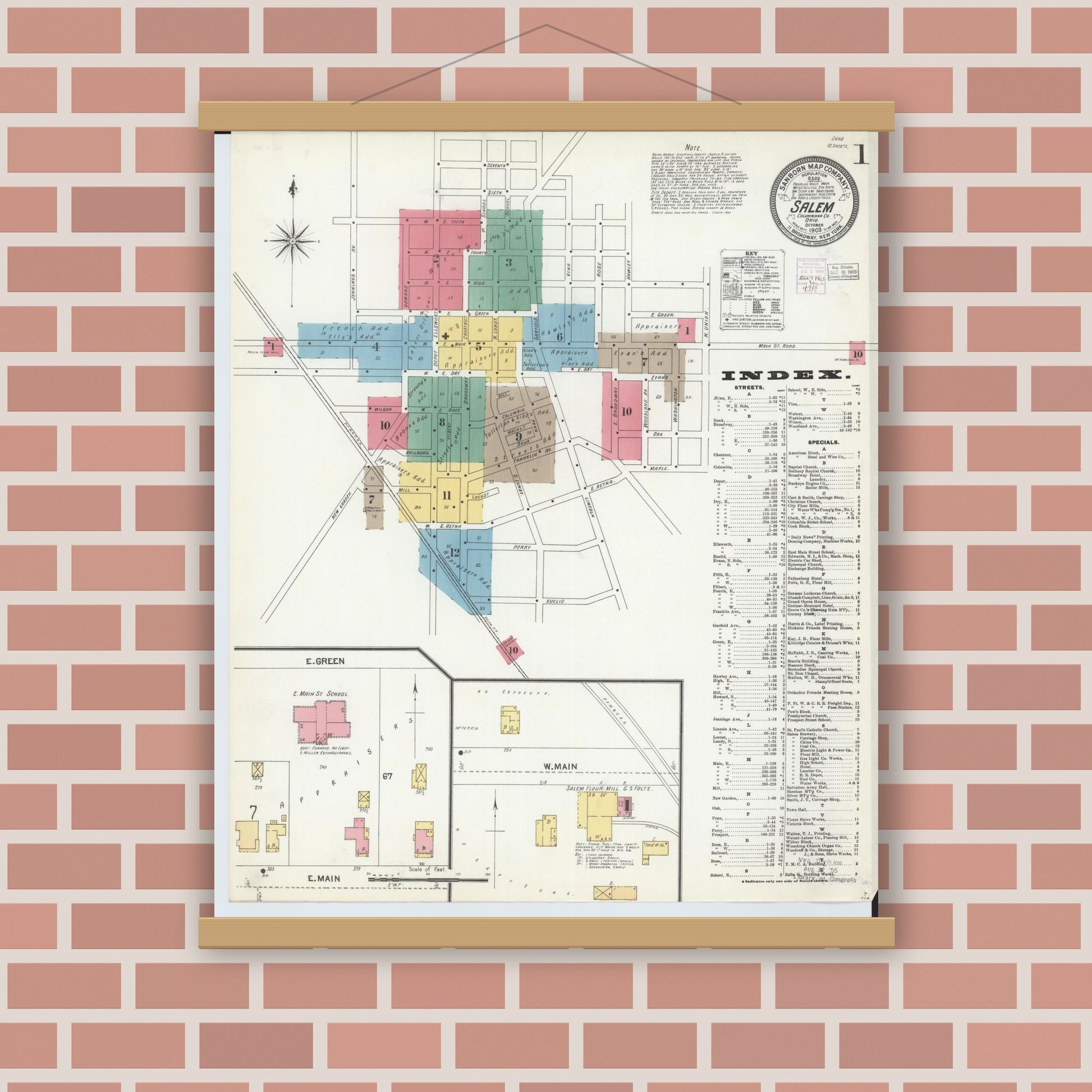 Old map wall art mockup — magnetic wood frame on brick wall — Sanborn Fire Insurance Map from Salem, Columbiana County, Ohio (1903), Sheet #0001