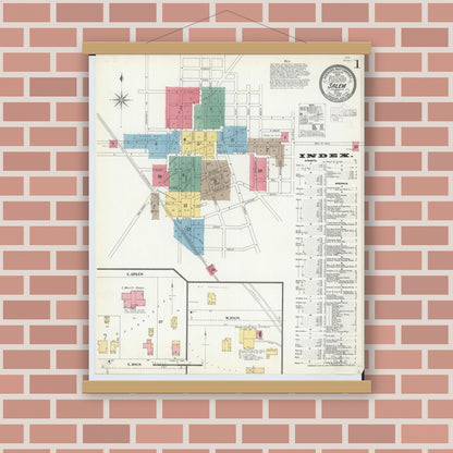 Old map wall art mockup — magnetic wood frame on brick wall — Sanborn Fire Insurance Map from Salem, Columbiana County, Ohio (1903), Sheet #0001