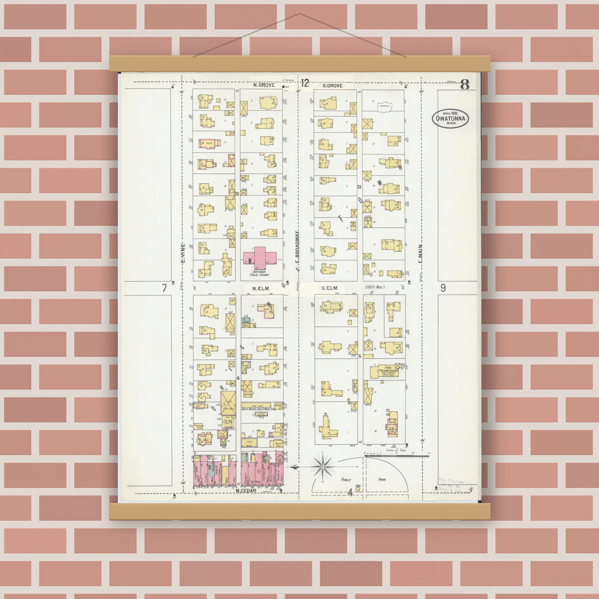 Old map wall art mockup — magnetic wood frame on brick wall — Sanborn Fire Insurance Map from Owatonna, Steele County, Minnesota (1900), Sheet #0008