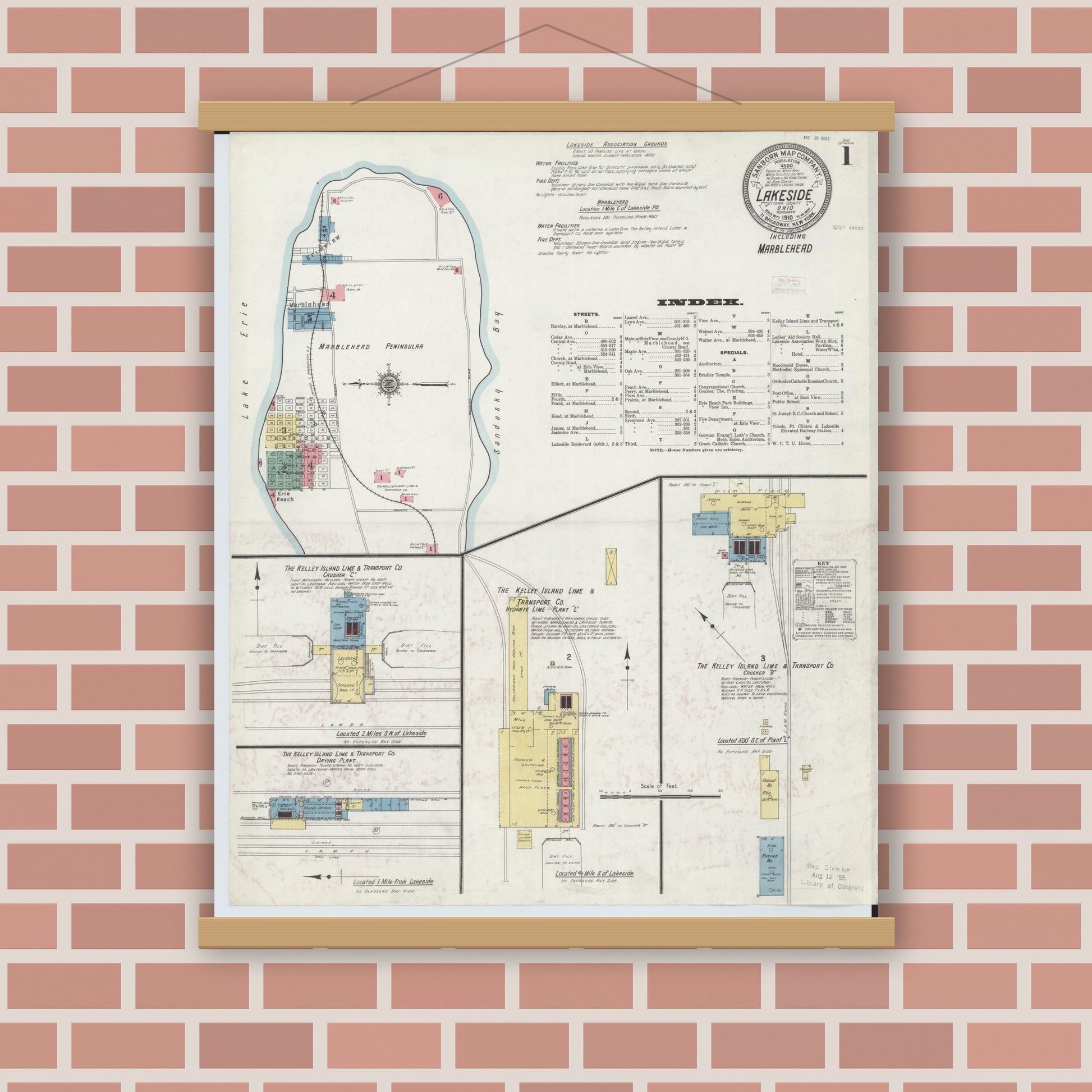 Old map wall art mockup — magnetic wood frame on brick wall — Sanborn Fire Insurance Map from Lakeside, Ottawa County, Ohio (1910) - Complete Map Set