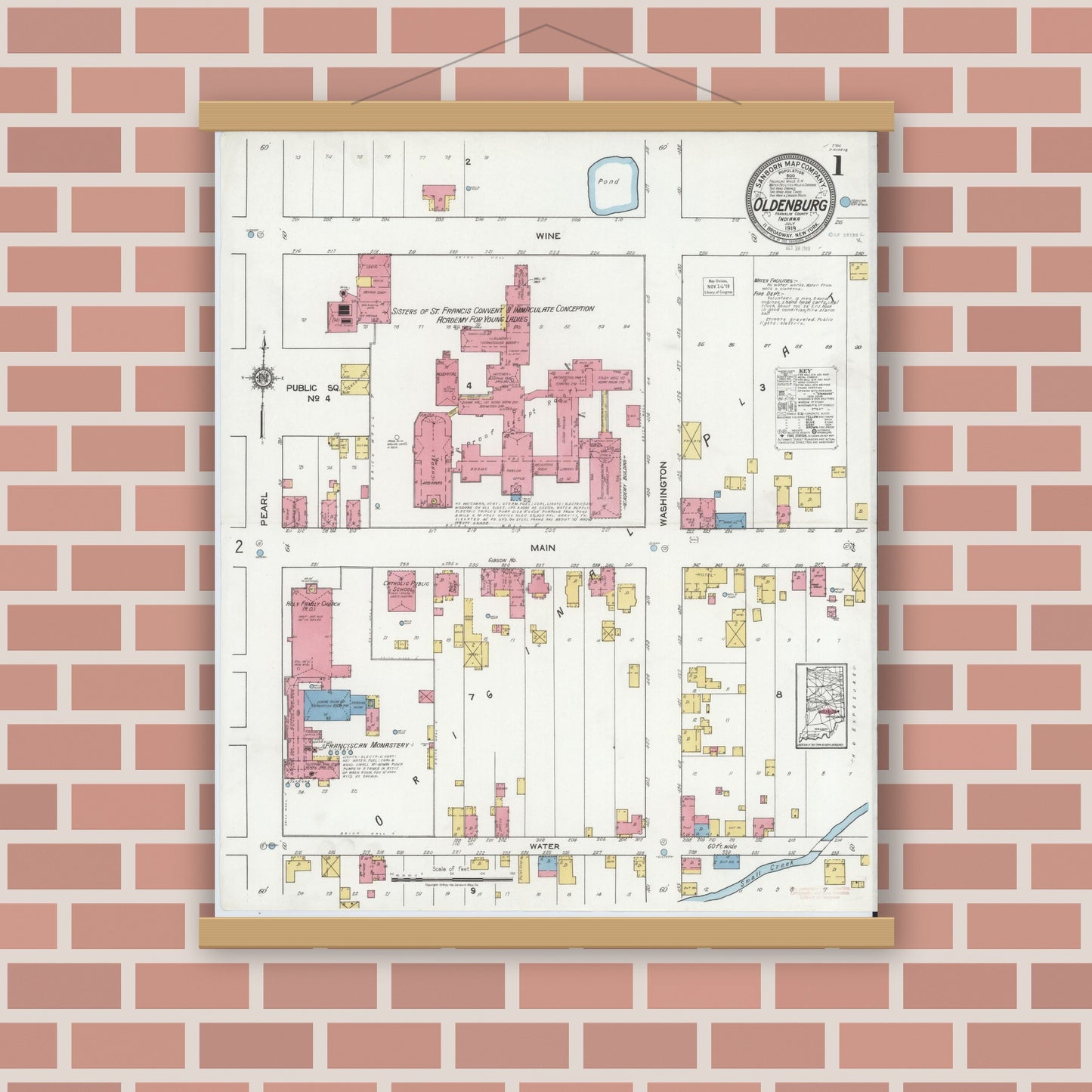 Old map wall art mockup — magnetic wood frame on brick wall — Sanborn Fire Insurance Map from Oldenburg, Franklin County, Indiana (1919) - Complete Map Set