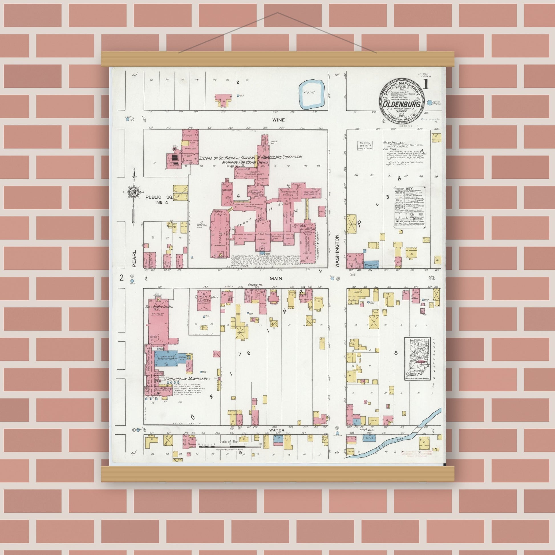 Old map wall art mockup — magnetic wood frame on brick wall — Sanborn Fire Insurance Map from Oldenburg, Franklin County, Indiana (1919) - Complete Map Set
