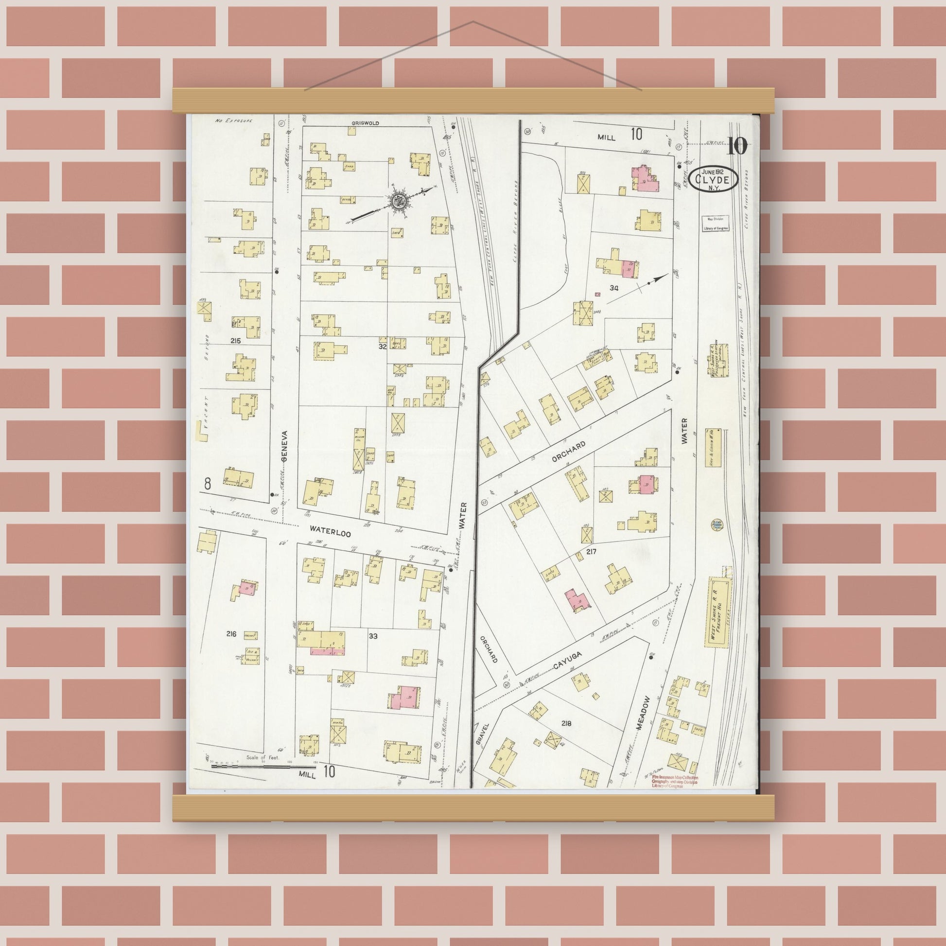 Old map wall art mockup — magnetic wood frame on brick wall — Sanborn Fire Insurance Map from Clyde, Wayne County, New York (1912), Sheet #0010