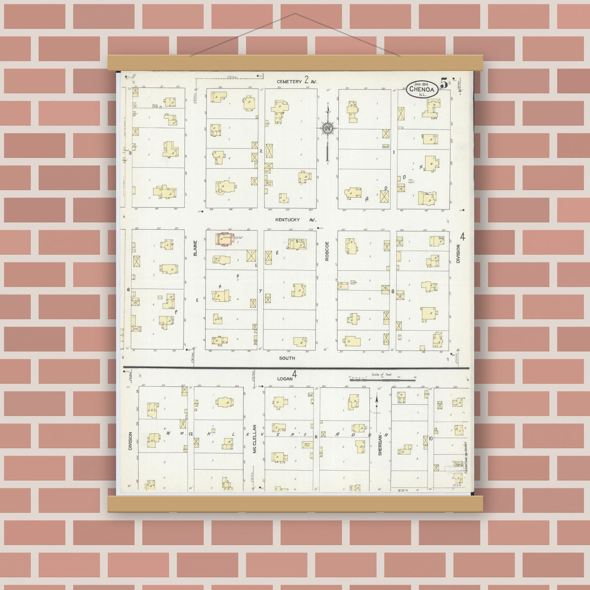 Old map wall art mockup — magnetic wood frame on brick wall — Sanborn Fire Insurance Map from Chenoa, McLean County, Illinois (1914), Sheet #0005