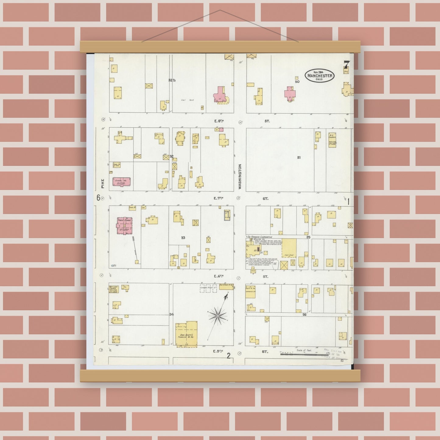 Old map wall art mockup — magnetic wood frame on brick wall — Sanborn Fire Insurance Map from Manchester, Adams County, Ohio (1904), Sheet #0007