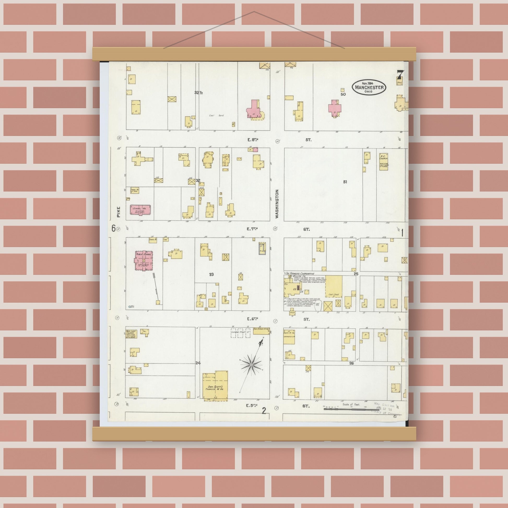 Old map wall art mockup — magnetic wood frame on brick wall — Sanborn Fire Insurance Map from Manchester, Adams County, Ohio (1904), Sheet #0007