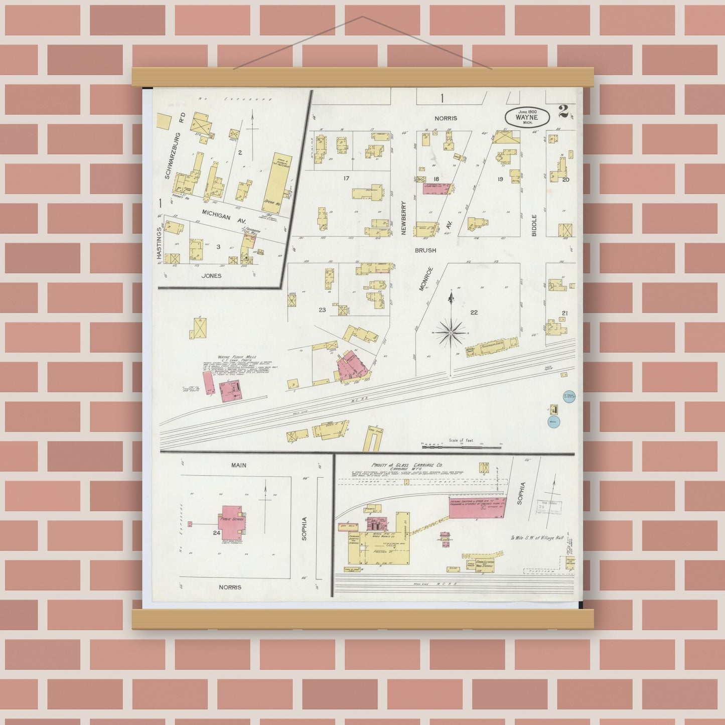 Old map wall art mockup — magnetic wood frame on brick wall — Sanborn Fire Insurance Map from Wayne, Wayne County, Michigan (1900), Sheet #0002