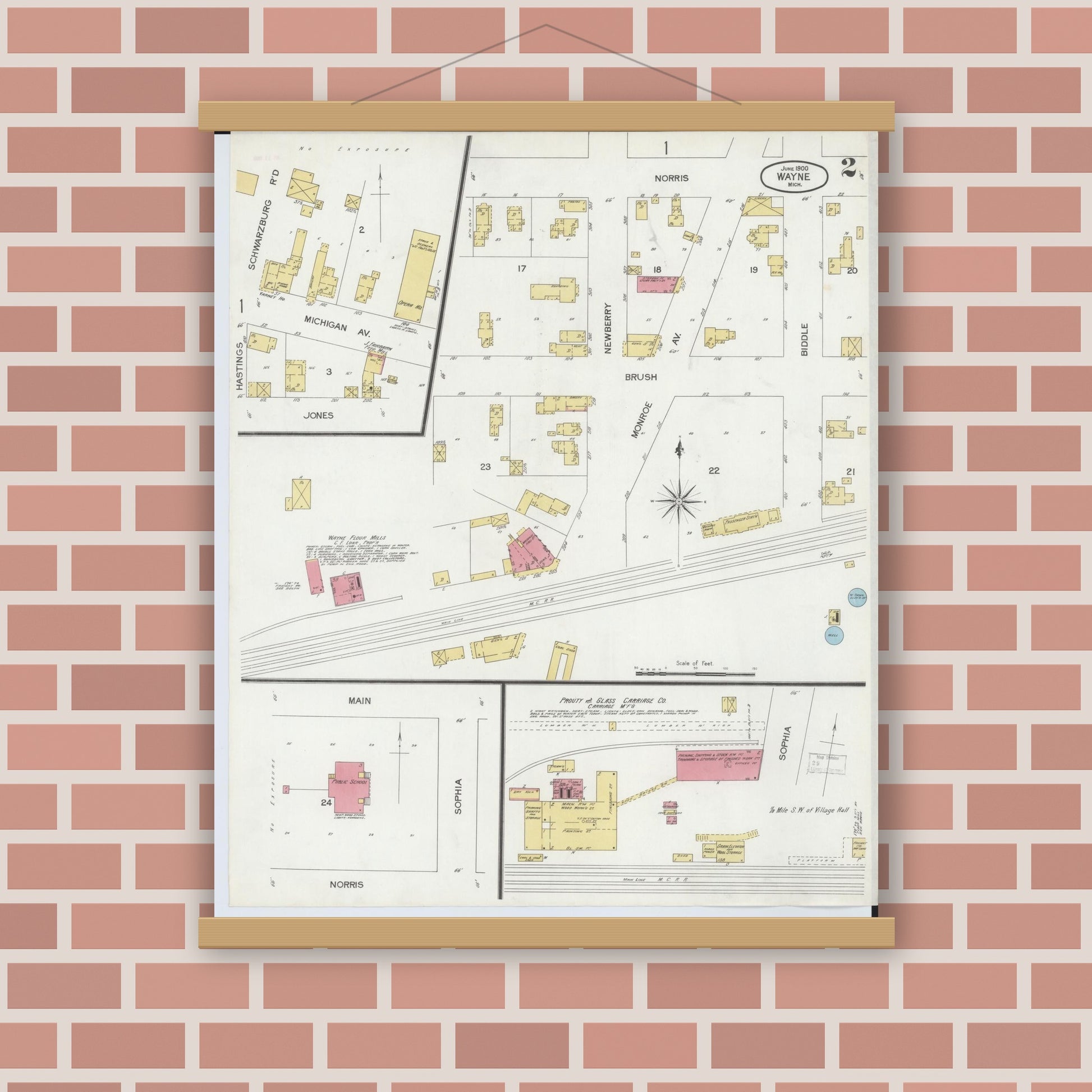Old map wall art mockup — magnetic wood frame on brick wall — Sanborn Fire Insurance Map from Wayne, Wayne County, Michigan (1900), Sheet #0002