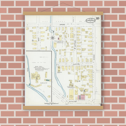 Old map wall art mockup — magnetic wood frame on brick wall — Sanborn Fire Insurance Map from Gloversville, Fulton County, New York (1892), Sheet #0010