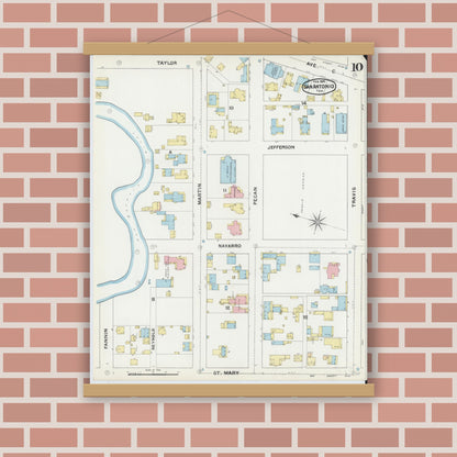 Old map wall art mockup — magnetic wood frame on brick wall — Sanborn Fire Insurance Map from San Antonio, Bexar County, Texas (1892), Sheet #0010