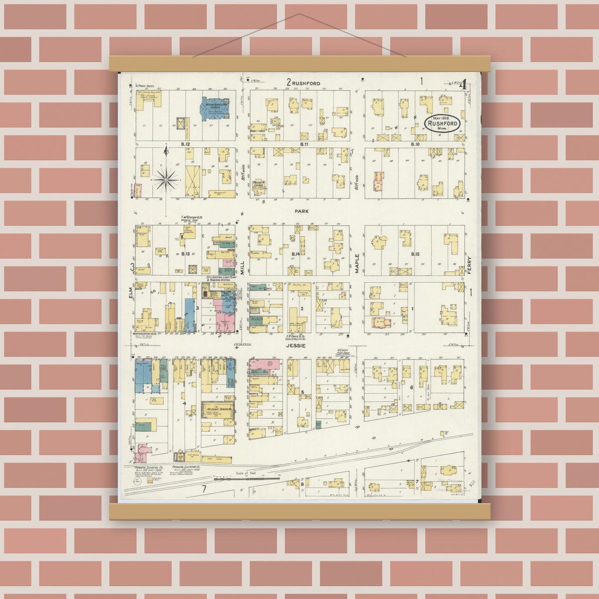 Old map wall art mockup — magnetic wood frame on brick wall — Sanborn Fire Insurance Map from Rushford, Fillmore County, Minnesota (1909), Sheet #0004