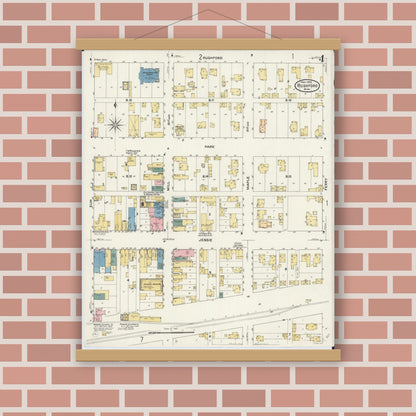 Old map wall art mockup — magnetic wood frame on brick wall — Sanborn Fire Insurance Map from Rushford, Fillmore County, Minnesota (1909), Sheet #0004