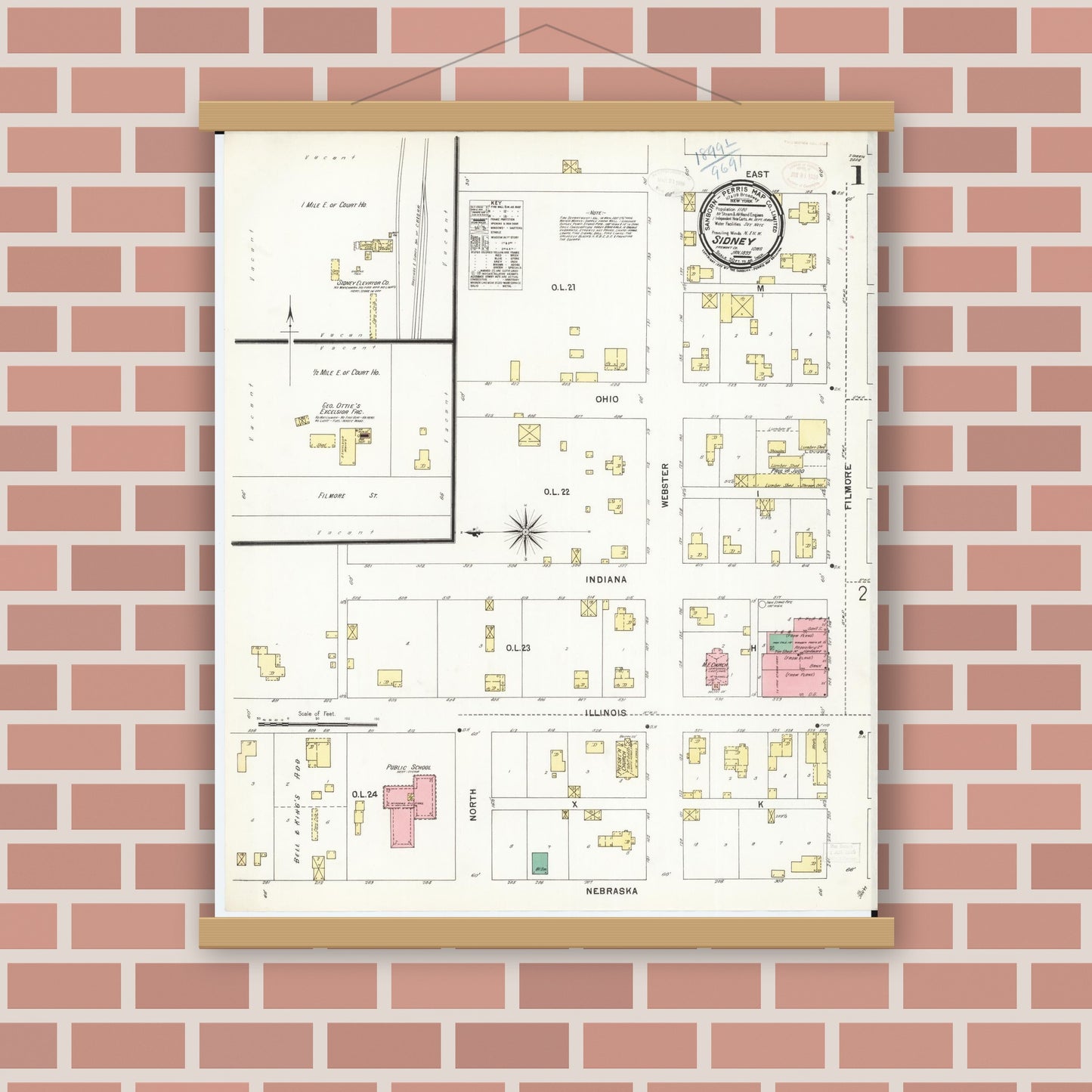 Old map wall art mockup — magnetic wood frame on brick wall — Sanborn Fire Insurance Map from Sidney, Fremont County, Iowa (1899), Sheet #0001