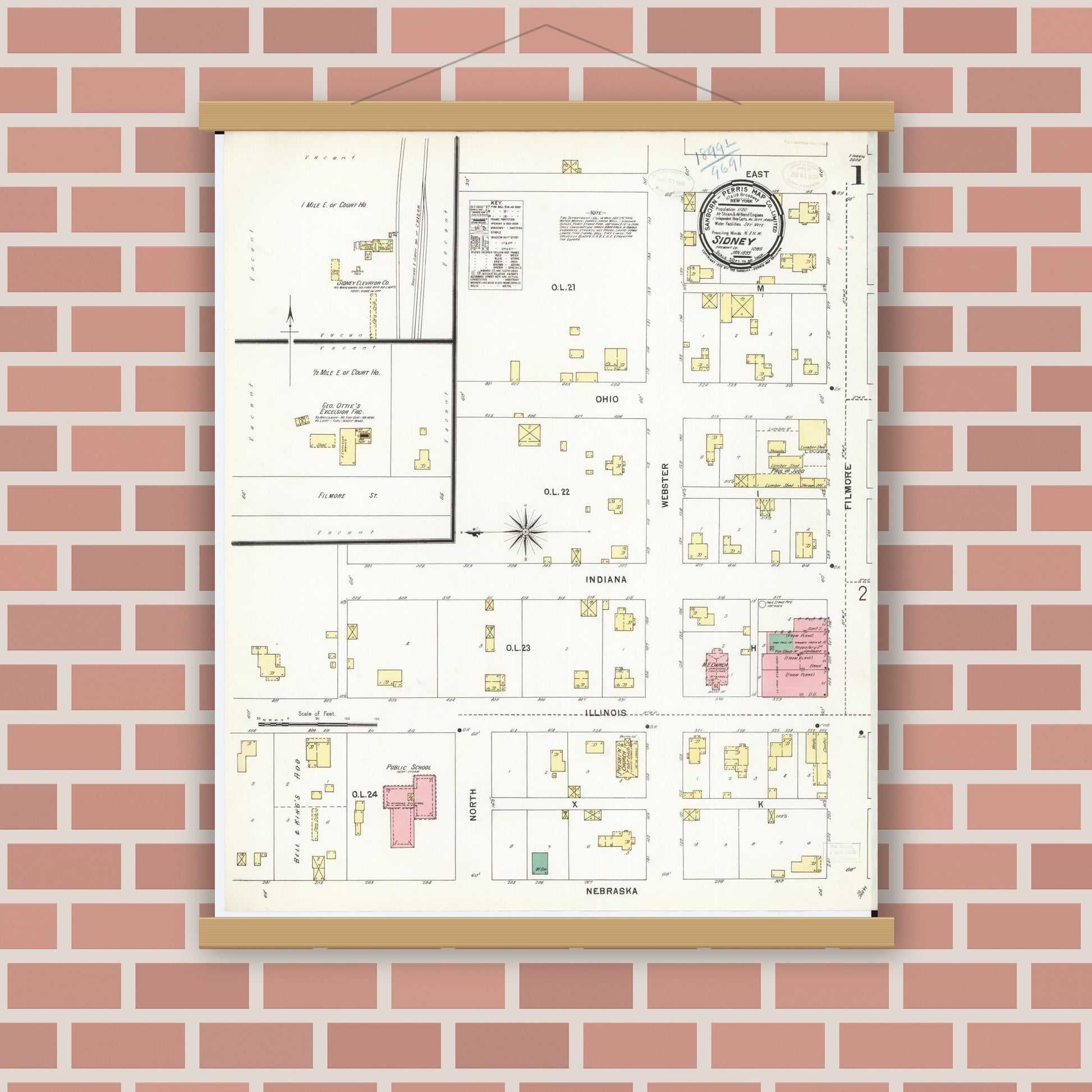 Old map wall art mockup — magnetic wood frame on brick wall — Sanborn Fire Insurance Map from Sidney, Fremont County, Iowa (1899), Sheet #0001