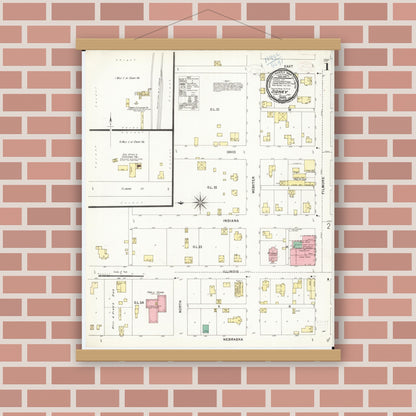 Old map wall art mockup — magnetic wood frame on brick wall — Sanborn Fire Insurance Map from Sidney, Fremont County, Iowa (1899), Sheet #0001