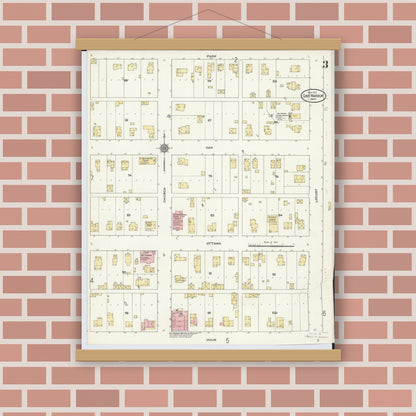 Old map wall art mockup — magnetic wood frame on brick wall — Sanborn Fire Insurance Map from Oak Harbor, Ottawa County, Ohio (1910), Sheet #0003