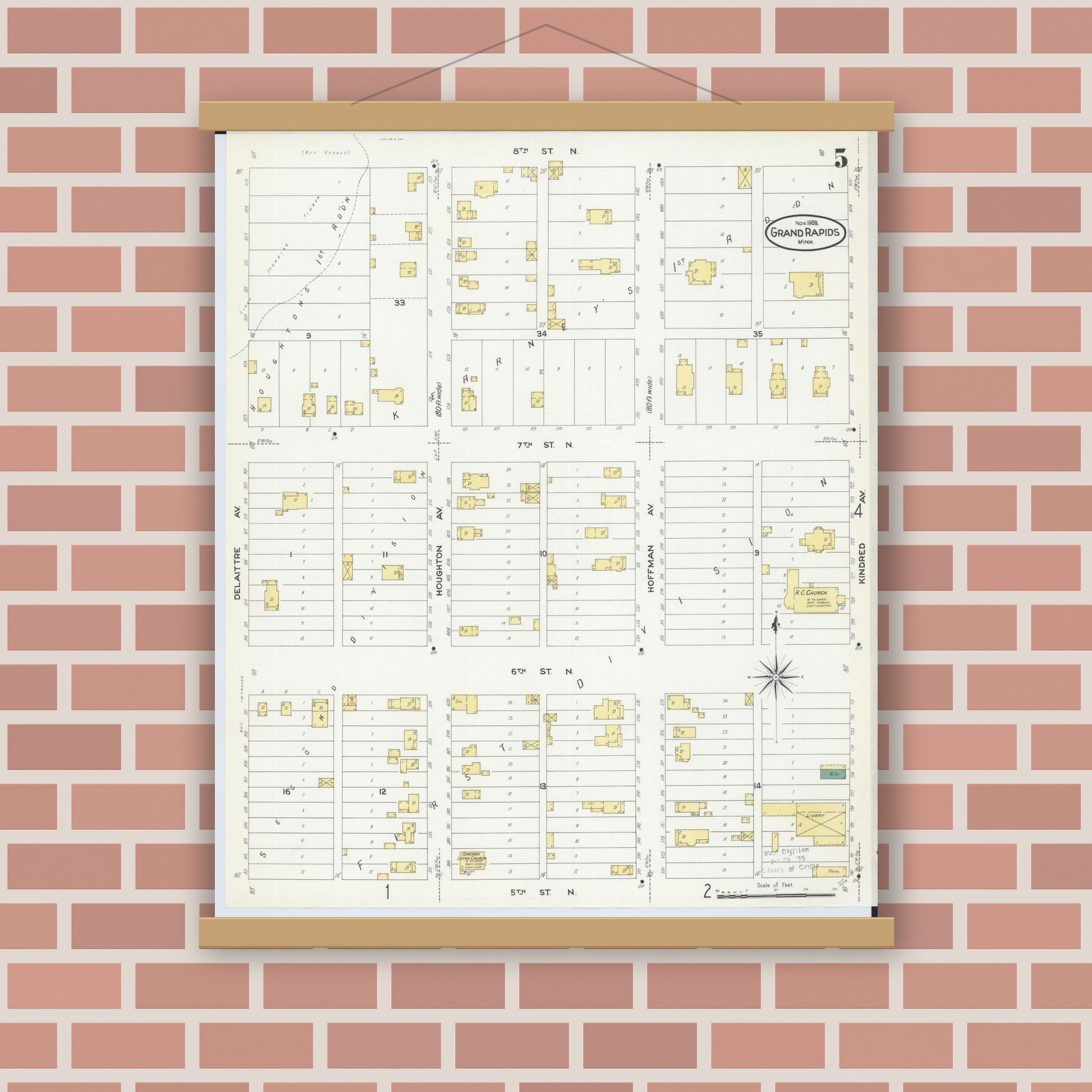 Old map wall art mockup — magnetic wood frame on brick wall — Sanborn Fire Insurance Map from Grand Rapids, Itasca County, Minnesota (1908), Sheet #0005